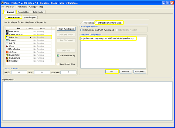 Configuraci&oacute;n de poker tracker para Entraction